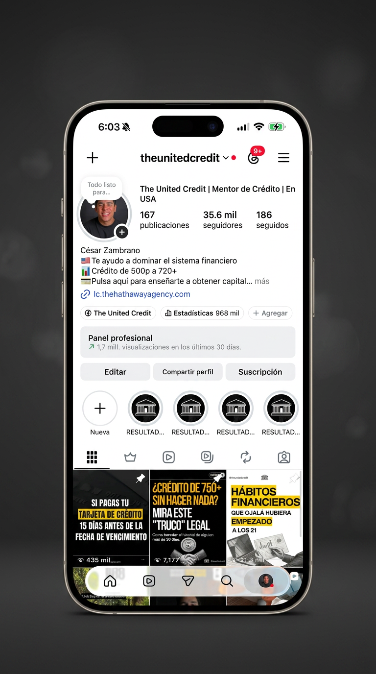 Perfil de Instagram @theunitedcredit mostrando 35.6 mil seguidores dentro de un iPhone